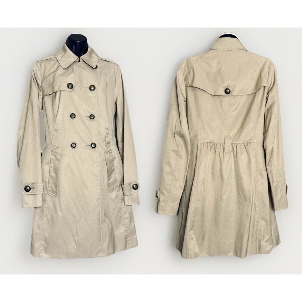 EXPRESS Beige Double Breasted SMALL Rain Trench Coat‎ Long Jacket Pleats Button